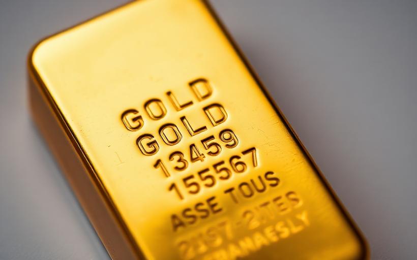 Close-up of a cast gold bar with assay stamps and serial number